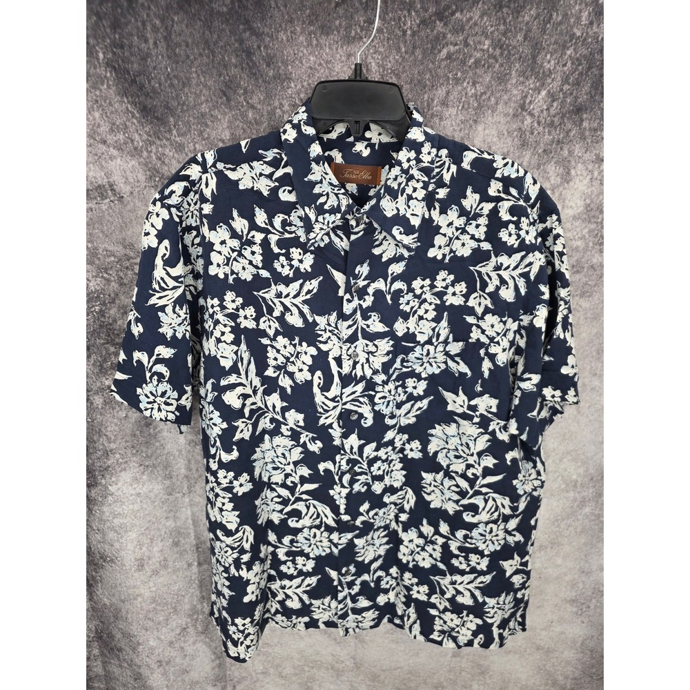 Tasso Elba Hawaiian Shirt Mens Large Navy Blue Floral Beach Vacation Coastal